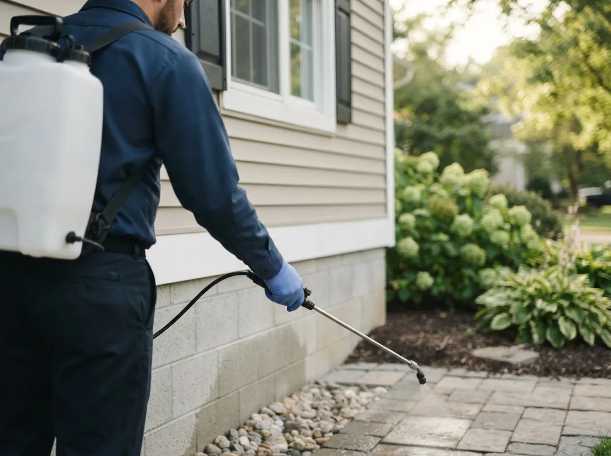 Pest control technician inspecting a home in Chetek, WI
